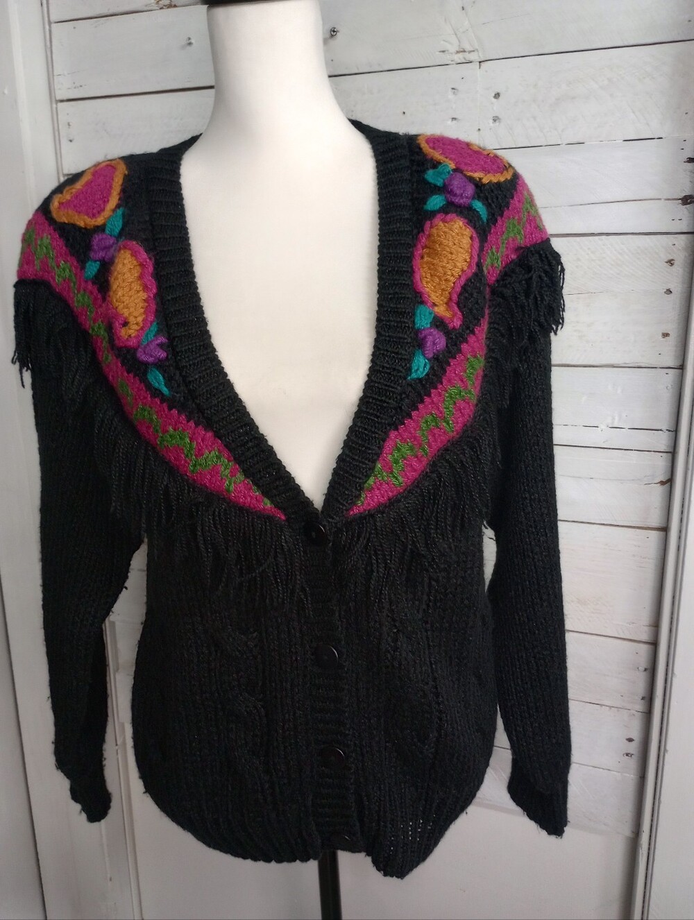 Vintage Spice of Life Black Floral Pattern Cardigan Sweater 1980s-90s Medium